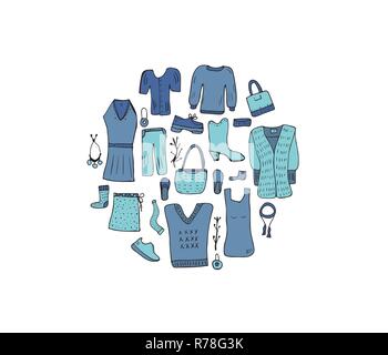 Runde Plakette mit Frau Kleidung und Accessoires in Doodle style Set. Kreis Konzept der weiblichen Mode Symbole. Vector Illustration. Stock Vektor