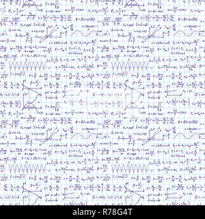 Eine Menge handgezeichnete komplizierte wissenschaftliche Formeln und Berechnungen auf Blatt mit quadratischen cyan Raster auf Weiß nahtlose Muster Stock Vektor