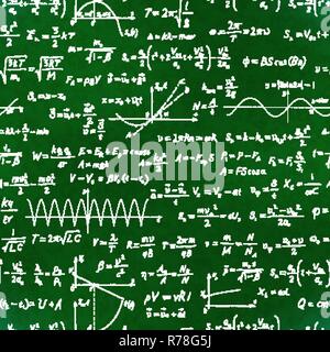 Eine Menge grundlegende mathematische Gleichungen und Formeln, weiße Kreide Schriftzug auf der Schule grüne Tafel nahtlose Muster Stock Vektor