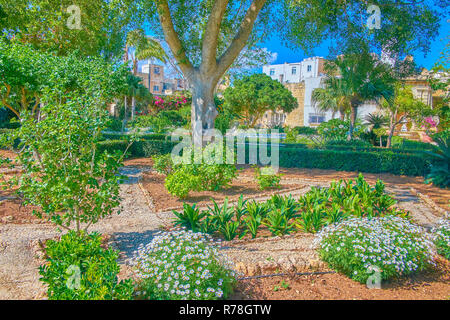 NAXXAR, MALTA - 14. JUNI 2018: Der schöne Garten des Palazzo Parisio mit hohen Vielfalt von Pflanzen und Bäumen, am 14. Juni in Naxxar. Stockfoto