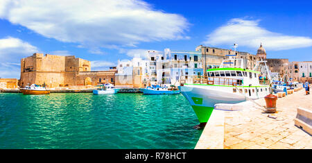 Die traditionellen weißen Häuser, das Meer und die Burg in Monopoli Stadt, Apulien, Italien. Stockfoto