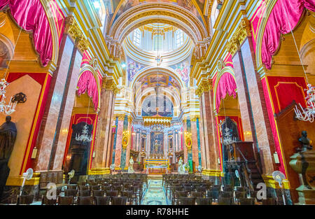 MDINA, MALTA - 14. Juni 2018: Die schöne Innenausstattung von St. Paul Kathedrale in Mdina Festung, am 14. Juni in Mdina. Stockfoto