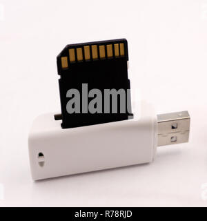 Compact Flash Card Reader mit Karte, auf weißem Hintergrund Stockfoto