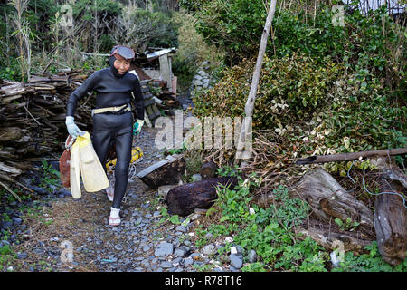 Ama Taucher zu Fuß auf einem kleinen Wanderweg in einen Neoprenanzug, der Rückkehr von Tauchen zu ihrer Hütte, und ihre Ausrüstung und täglichen Fang, Mie, Japan Stockfoto