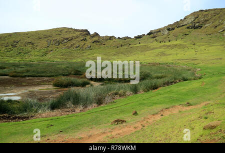 Der Kratersee mit vielen Moai Statuen auf der gegenüberliegenden Hang aufgegeben, Rano Raraku Vulkan, Easter Island, Chile Stockfoto