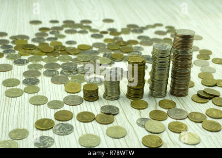 Alte und rostige Russische Münzen. Verstreuten Münzen in Full-frame Hintergrund Stockfoto