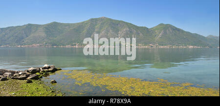 Anzeigen von Prcanj Stadt mit Berg Reflexionen, Bucht von Kotor, Bucht von Kotor, Montenegro, Europa Stockfoto