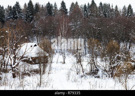 Alten, typischen Haus am Waldrand im Winter Stockfoto