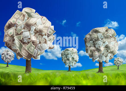 Geld Baum auf grüne Landschaft Stockfoto