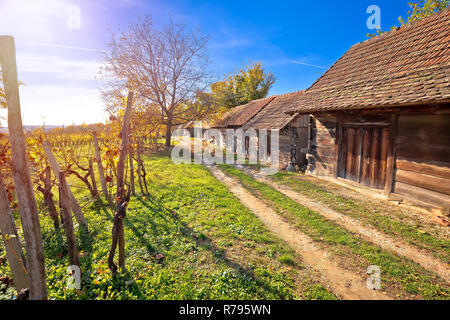 Wein historische Straße Weinberge und Holzhütten, Straße in Kalnik Region von Kroatien Stockfoto