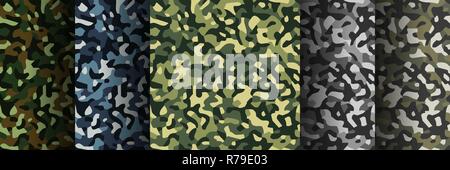 Camouflage nahtlose Vektor Muster Hintergrund. Satz von 5 Stück Camouflage nahtlose Muster. Abstrakte moderne Militär Textildruck Hintergrund. Vektor i Stock Vektor