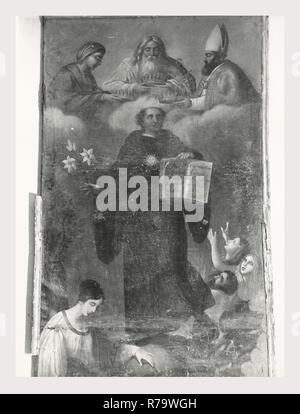 Latium Rieti Rieti S. Agostino, dies ist mein Italien, die italienische Land der visuellen Geschichte, mittelalterliche Architektur, Skulptur, Malerei. Die Kirche stammt aus dem 13. Jahrhundert, und noch immer besitzt zwei gotische Portale. Das Hauptportal, des 14. Jahrhunderts, enthält ein Halbkreisförmiger Tympanon, innerhalb dessen ist ein Fresko der Madonna mit Kind S. Augustinus und S. Nikolaus von Bari, eine Arbeit von der Sienesischen Schule von 1354. Oberhalb der Lünette in der Giebel ist ein Relief des Lamm Gottes. Die anderen mittelalterlichen Portal auf einem Der querschiff Arms ist weniger aufwändig als das Hauptportal, bestehend aus Doppel-Arcade Stockfoto