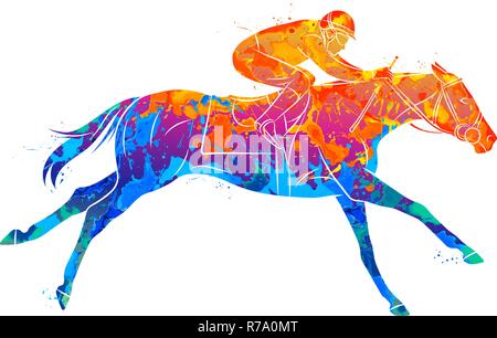 Abstrakte Racing Pferd mit Jockey von Splash von Aquarellen. Pferdesport Stock Vektor