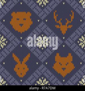 Winter Weihnachten Gestrickte nahtlose Muster mit wilden Wald Tiere Stock Vektor