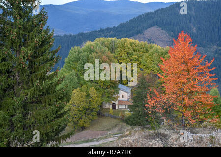 Kirche gekuschelt in einem kleinen Wald im Herbst; Rhodopen, Bulgarien, Europa Stockfoto