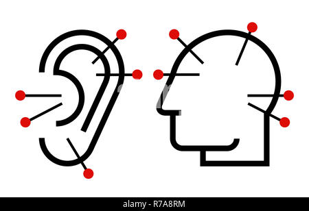 Ohr und Kopf Akupunktur. Akupunktur Symbol auf weißem Hintergrund Stockfoto