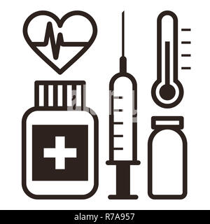 Medizinische Symbole. Ekg, Spritze, Ampulle, Medizin, Thermometer isoliert auf weißem Hintergrund Stockfoto