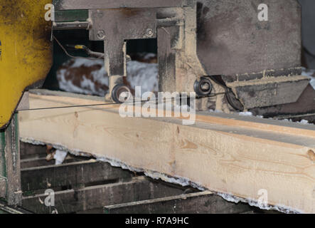 Schneiden Protokolle auf den Brettern. Im Winter wird ein Baum. Holzverarbeitung. Stockfoto