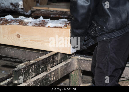 Schneiden Protokolle auf den Brettern. Im Winter wird ein Baum. Holzverarbeitung. Stockfoto