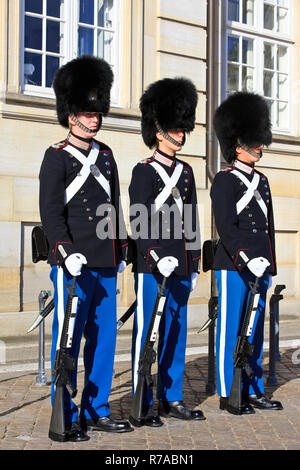 Die Royal Life Guards der dänischen Monarchie mit bärenfellmütze Kappen an Aufmerksamkeit auf Schloss Amalienborg in Kopenhagen, Dänemark. Stockfoto