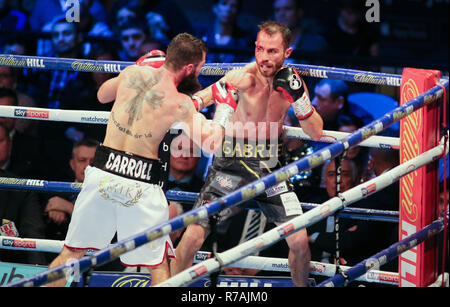 South Yorkhire, UK. 8. Dez 2018. 8. Dezember 2018. Jono Carroll von der (Dublin) (Weiße Shorts) v Guillaume Frenois der (Frankreich) (graue Shorts) während der abschließenden Eliminator für die IBF Super-Featherweight Meisterschaft. Credit: Touchlinepics/Alamy leben Nachrichten Stockfoto