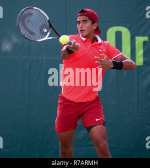 Plantation, Florida, USA. 08 Dez, 2018. Zane Kahn, aus den USA, spielt in der BS 18 Halbfinale des 2018 Orange Bowl Junior International Tennis Meisterschaften gespielt an der Frank Veltri Tennis Center in Plantation, Florida, USA. Mario Houben/CSM/Alamy leben Nachrichten Stockfoto