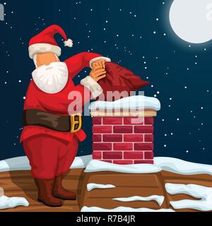 Santa, Tasche in Chimney Stock Vektor