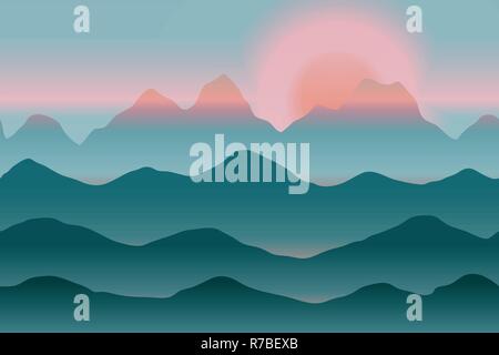 Landschaft mit Hügeln und Bergen und Sonnenuntergang - einfache Vector Illustration Stock Vektor