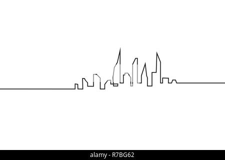 Silhouette der Stadt in einem flachen Stil. Moderne urbane Landschaft. Vektorgrafiken. Wolkenkratzer Gebäude Büro Horizont. Kontinuierliche Linie zeichnen Stockfoto