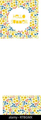 Hallo Sommer illustrierte feminine Vektor banner collage Stil mit Text, bunten verschiedenen Blüten weiß blau grün gelb Hintergrund für saisonale Grußkarten-Design, Frauen, Mädchen, Webbanner, Post. Stock Vektor