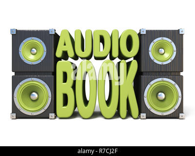 Lautsprecher mit grünen AUDIO BUCH Text 3D Rendering Illustration auf weißem Hintergrund Stockfoto
