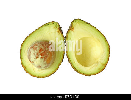 Reife Avocado Obst in der Hälfte isoliert auf weißem Hintergrund Stockfoto