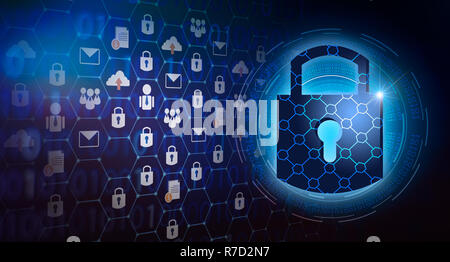 Key Lock Security System abstract Technology World Digital link Cyber Security auf Hi-tech dunkelblauen Hintergrund Stockfoto