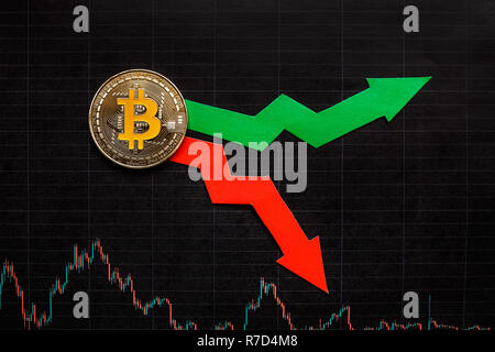 Schwankungen und Prognose von Wechselkursen von virtuellem Geld bitcoin. Rote und grüne Pfeile mit goldenen Bitcoin Leiter auf schwarzem Papier forex Chart b Stockfoto