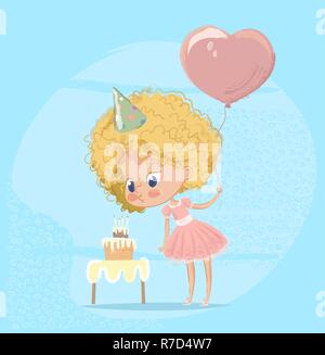Baby Mädchen bläst Geburtstagskuchen Kerze. Süße blonde Mädchen Charakter tragen rosa Feiern Geburt Partei. Nettes Mädchen mit Ballon. Plakat Design für Print. Flache Cartoon Vector Illustration. Stock Vektor
