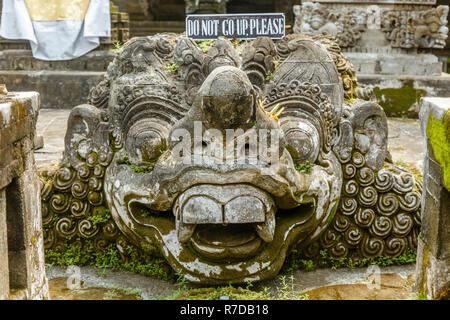 Kopf aus Stein Statue Schildkröte Bedawang Nala mit Altar auf seinen zurück in den Teich im balinesischen Hindu Tempel Pura Puseh Desa Batuan, Gianyar, Bali, Indonesien Stockfoto