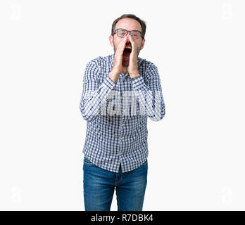 Stattliche mittleren Alter elegante älterer Mann mit Brille über isolierte Hintergrund schrie wütend, laut mit den Händen über Mund Stockfoto