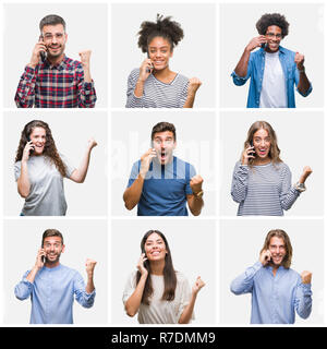 Collage der Gruppe junger Menschen aufrufen mit Smartphone über isolierte Hintergrund schreien stolz und feiern Sieg und Erfolg sehr aufgeregt, c Stockfoto