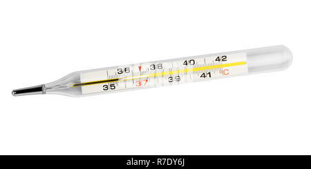 Quecksilber Thermometer zeigen 37,5 C auf einem weißen Hintergrund, isoliert Stockfoto