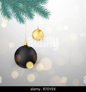 Schwarz und gold Weihnachtskugeln hängen an Tanne Zweig. Winter Urlaub Dekoration Element. Vector Illustration Stock Vektor