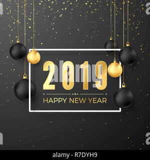 Gruß goldenen Zahlen 2019 und Text Frohes Neues Jahr auf dunklem Hintergrund in weißen Rahmen. Schwarze und goldene hängenden Weihnachtskugeln. Vector Illustration Stock Vektor