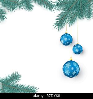 Tanne Zweige und blaue Weihnachtskugeln mit Schneeflocken Ornament mit Platz für Begrüßungstext. Weihnachten Dekoration Elemente auf weißem Hintergrund. Stock Vektor