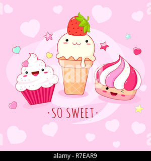 Lustige Hintergrund mit Niedlich süß Symbole in kawaii Stil mit lächelnden Gesicht und rosa Wangen. Inschrift so süß, Eis und Kuchen. EPS8 Stockfoto