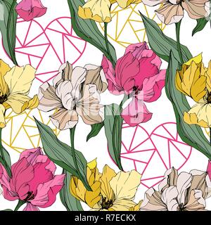 Vektor Tulip graviert Tinte Art Floral botanischen Blume. Nahtlose Muster. Stofftapeten drucken Textur. Stock Vektor
