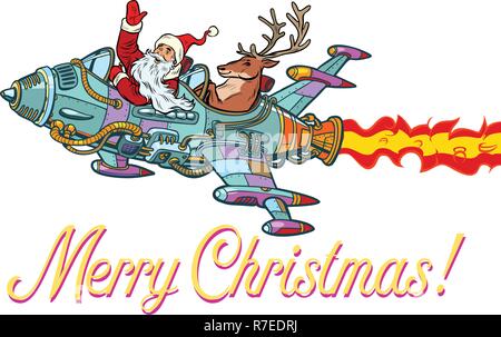 Frohe Weihnachten. Weihnachtsmann mit Hirsch fliegen auf eine Rakete. Pop Art retro Vektor Illustration vintage Kitsch. Auf weissem Hintergrund isolieren Stock Vektor