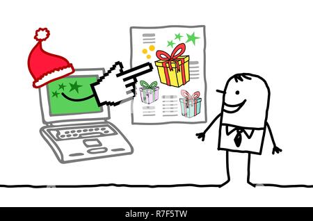 Hand gezeichnet Cartoon Mann mit Santa Laptop zeigen ein großes Geschenk Stock Vektor
