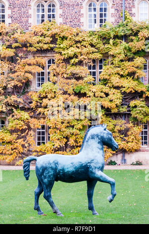 Das erste Gericht Jesus College, Cambridge mit Bronze Pferd, eine große Skulptur von Barry Flanagan. An das Kollegium im Jahr 2009 gespendet. Stockfoto