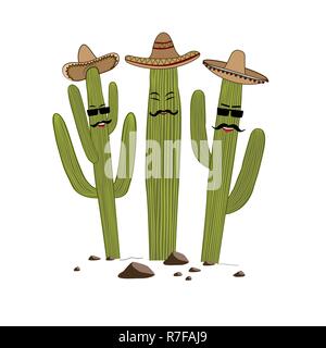 Drei niedlichen Cartoon Saguaro Kaktus in Sombrero. Freunde für immer Konzept. Vector Illustration. Stock Vektor