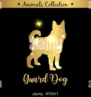 Vintage golden und königliche Emblem der Farm Guard Hund Tier isoliert. Goldene Silhouette mit Beleuchtung und Beschriftung. Konzept Vorlage für Branding Stock Vektor