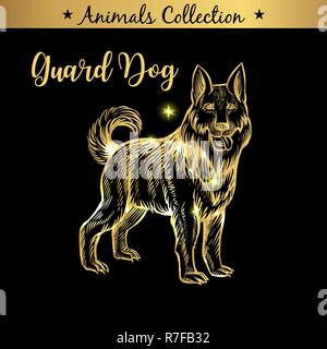 Golden und Royal Hand gezeichnet Emblem der Farm Guard Dog Tier. Metzgerei shop Branding, Fleischerzeugnisse. Metzger Markt. Gold skizzieren Skizze und Schrift. Kontur zeichnen Konzept Stock Vektor